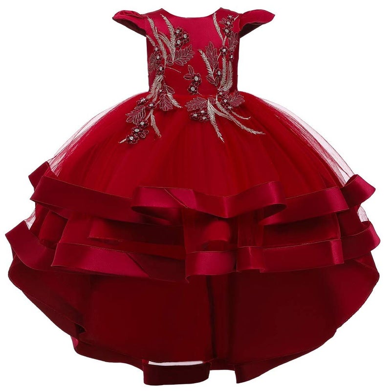 HIHCBF Little Big Girls Flower High Low Tulle Dress Princess Wedding Pageant Birthday Party Formal Evening Dance Ball Gown Deep Red 3-4T - Image 1